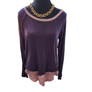 P261 Bordeaux (Anthropologie)Plum Long-sleeved Tee w/Pink Satin Cheater Under |M